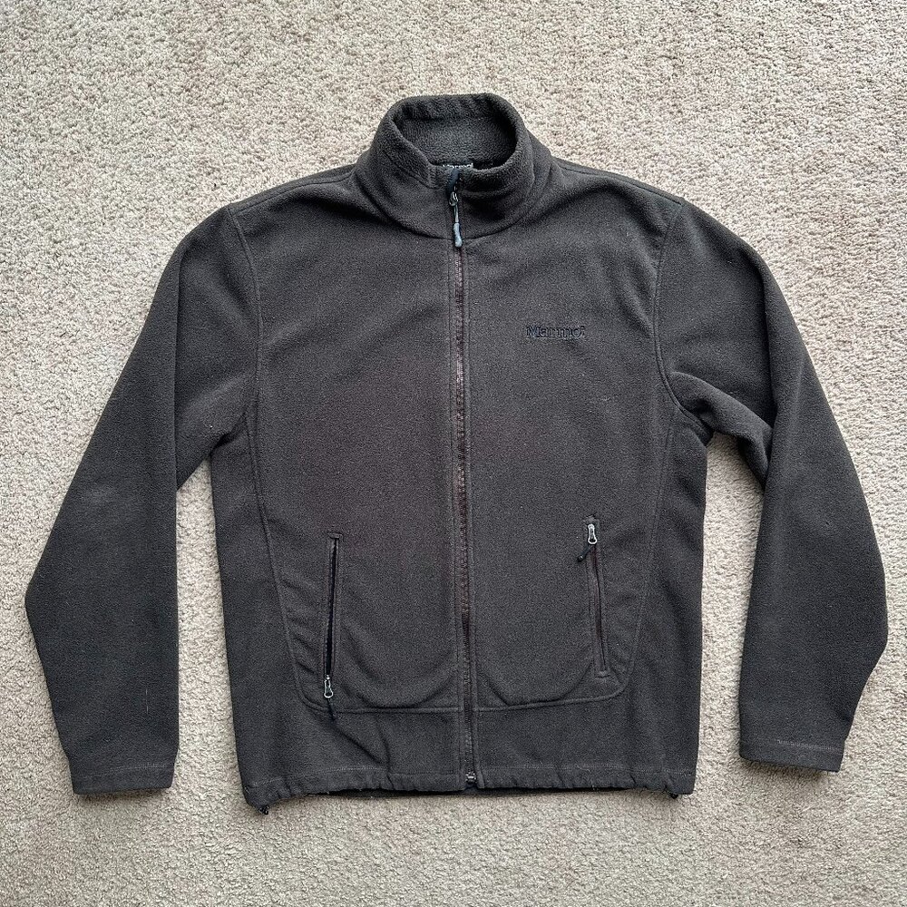 Marmot Jacket Mens Medium Full Zip Mock Neck Fleece Dark Brown Pockets Polartec